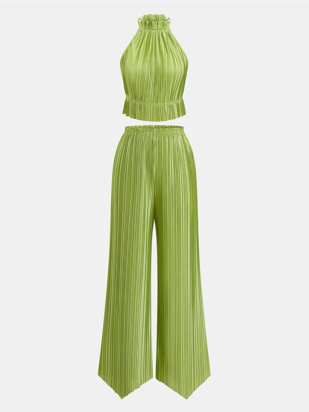 Women’s Lime Green Pleated Wide-Leg Pant Set - Picture 2 of 8